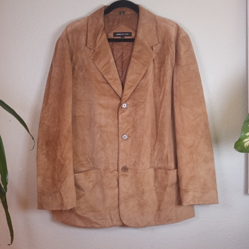 Jones New York Vintage Tan Suede Lined Bohemian Retro 90s Casual Leather Blazer